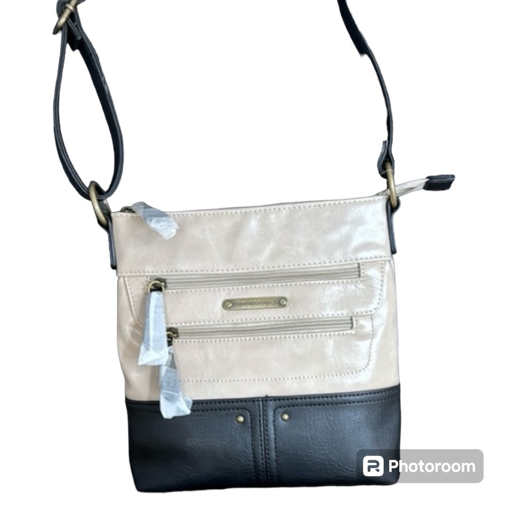 Leather Crossbody Purse‎ NWT Stone Mountain Cream/Black Adjustable Strap